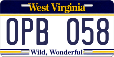 WV license plate OPB058