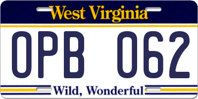 WV license plate OPB062