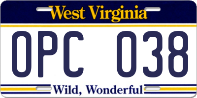 WV license plate OPC038
