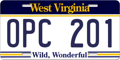 WV license plate OPC201