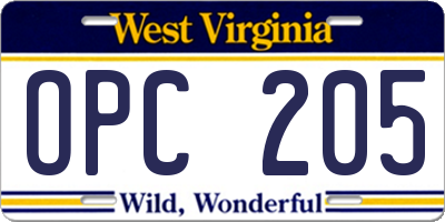 WV license plate OPC205