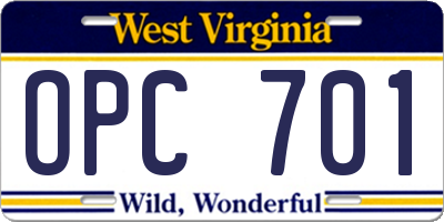 WV license plate OPC701