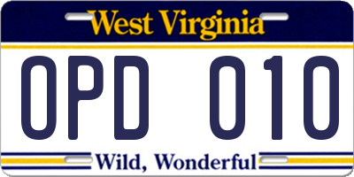 WV license plate OPD010