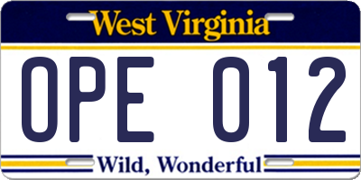 WV license plate OPE012