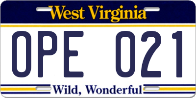 WV license plate OPE021