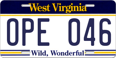 WV license plate OPE046
