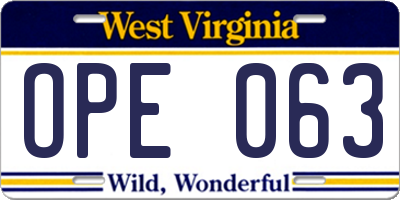 WV license plate OPE063