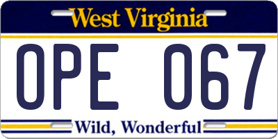 WV license plate OPE067