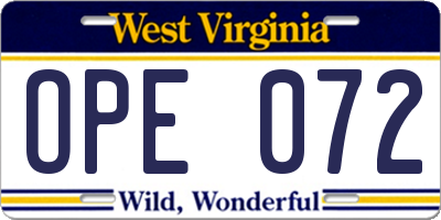 WV license plate OPE072