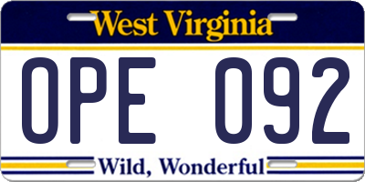 WV license plate OPE092