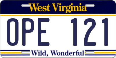 WV license plate OPE121