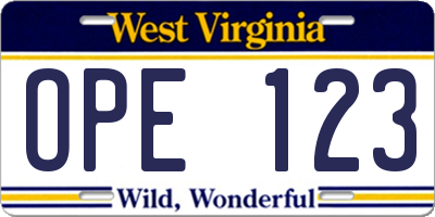WV license plate OPE123