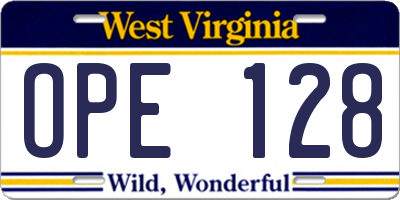 WV license plate OPE128