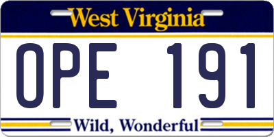 WV license plate OPE191