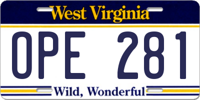 WV license plate OPE281