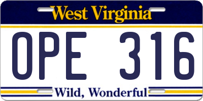 WV license plate OPE316
