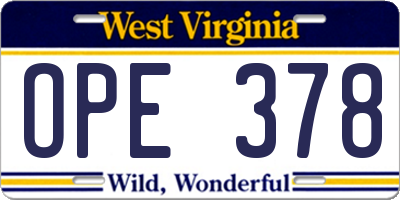 WV license plate OPE378