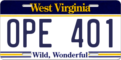 WV license plate OPE401
