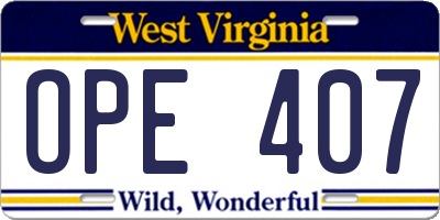 WV license plate OPE407