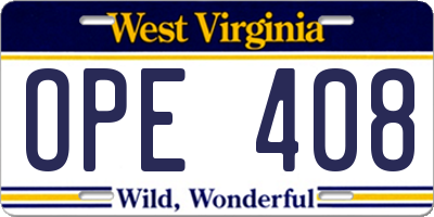 WV license plate OPE408