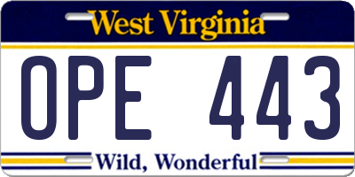 WV license plate OPE443