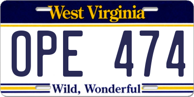 WV license plate OPE474