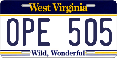 WV license plate OPE505