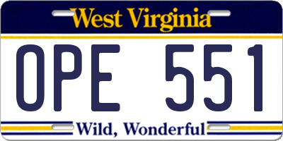 WV license plate OPE551