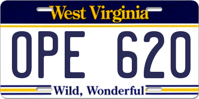 WV license plate OPE620