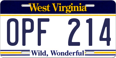WV license plate OPF214