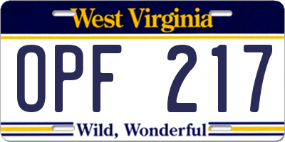 WV license plate OPF217