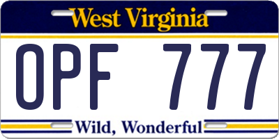 WV license plate OPF777