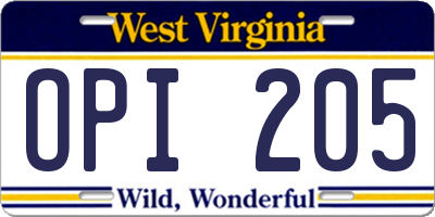 WV license plate OPI205