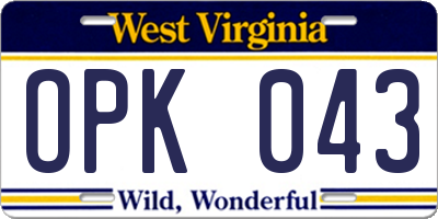 WV license plate OPK043