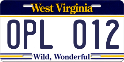 WV license plate OPL012