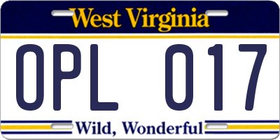 WV license plate OPL017