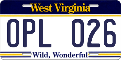 WV license plate OPL026