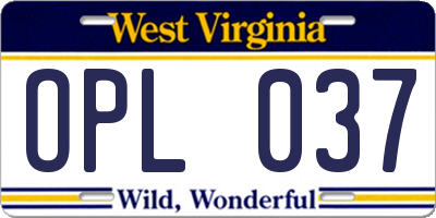 WV license plate OPL037