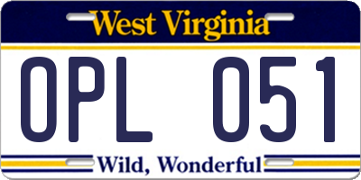 WV license plate OPL051