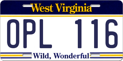 WV license plate OPL116