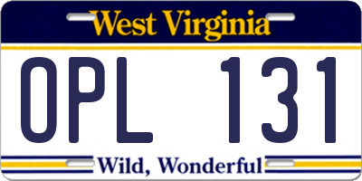 WV license plate OPL131