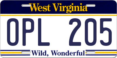 WV license plate OPL205