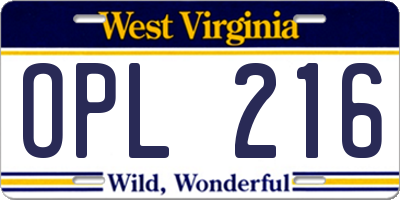 WV license plate OPL216