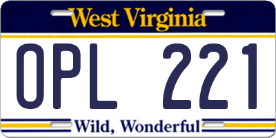 WV license plate OPL221