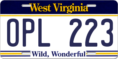 WV license plate OPL223