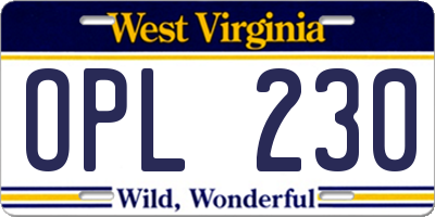 WV license plate OPL230