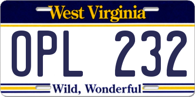 WV license plate OPL232