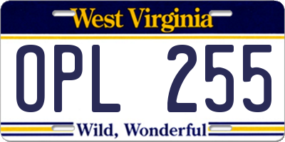 WV license plate OPL255