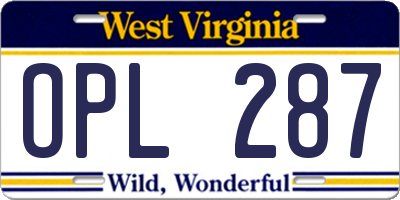 WV license plate OPL287