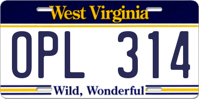 WV license plate OPL314